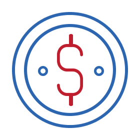 Red dollar sign in center of blue double circle representing money or cost.