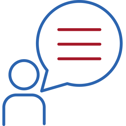 Blue person icon with speech bubble containing red horizontal lines representing communication.