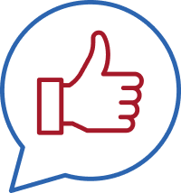 Red thumbs up hand in blue speech bubble indicating approval or satisfaction.