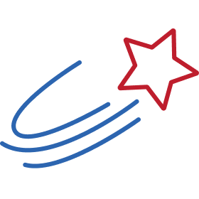 Red star with blue curved lines indicating movement or achievement trajectory.