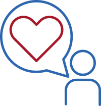 Blue person icon with red heart in speech bubble representing customer care.