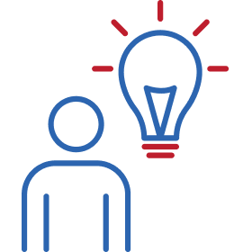 Blue person icon with lightbulb above head indicating ideas or innovation.