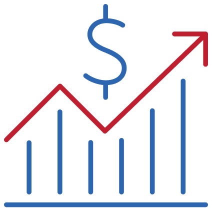 Blue bar chart with red upward arrow and dollar sign showing financial growth trends.