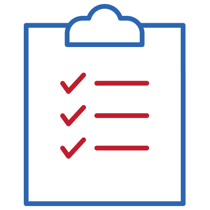 Blue clipboard with three red checkmarks next to horizontal lines representing completed checklist.