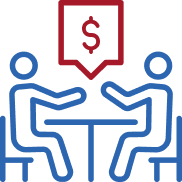 Two people sitting at table with dollar sign speech bubble above them.