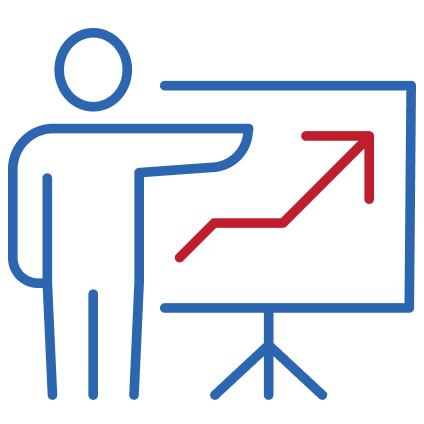 Blue person icon pointing to red upward arrow chart on presentation board.