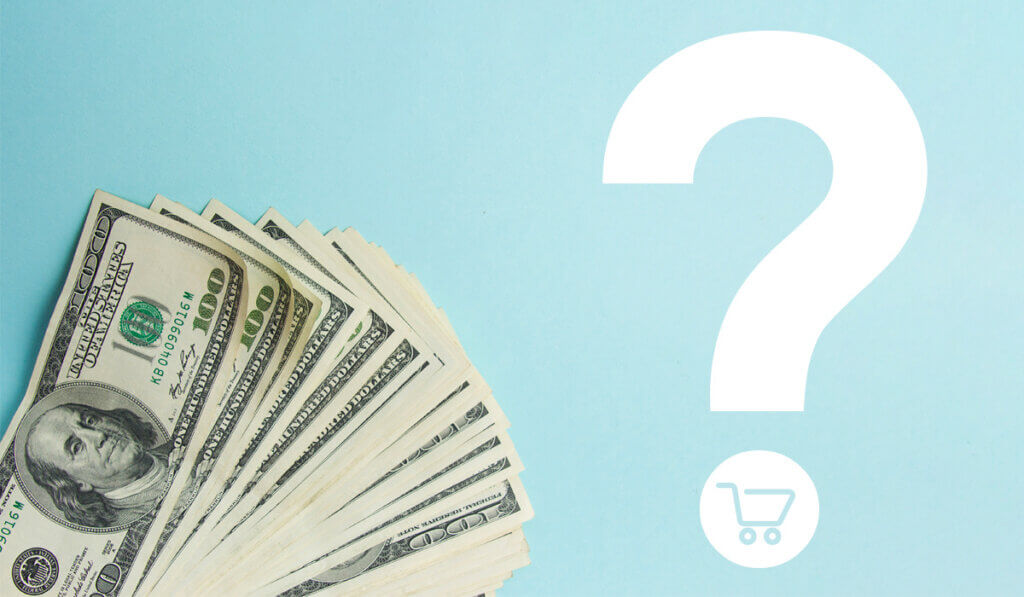 Multiple hundred dollar bills spread out next to large white question mark on light blue background.