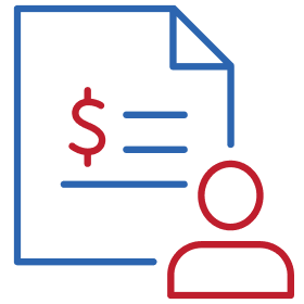 Document icon with dollar sign and person symbol in blue and red colors.