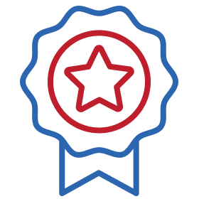 Blue ribbon badge with red star in center representing awards, recognition, or quality achievement.