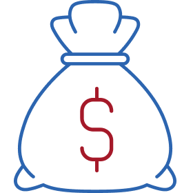 Blue outline of money bag with red dollar sign representing financial resources or funding.