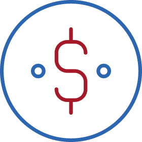 Red dollar sign centered in blue circle with decorative dots representing financial or currency concepts.