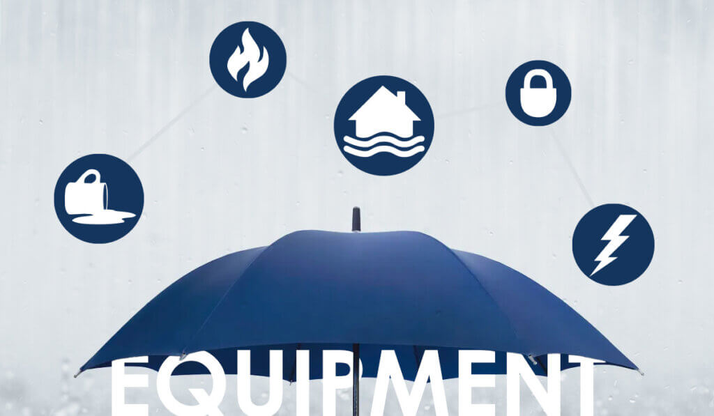 Large blue umbrella with "EQUIPMENT" text and surrounding icons representing fire, water, security, and electrical coverage.