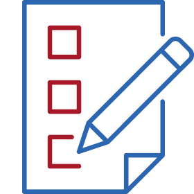 Blue document with red checkboxes and blue pencil representing form completion or application filing.