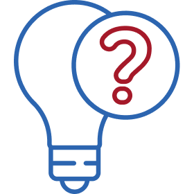 Lightbulb icon with question mark in blue and red colors.