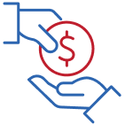 Blue outline of hand offering red dollar sign coin representing payment or financial transaction services.Retry