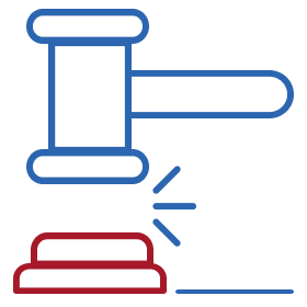 Blue and red gavel icon representing legal matters, court decisions, or official regulatory processes.
