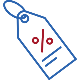 Price tag icon with percentage symbol in blue and red colors.