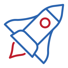 Blue rocket ship icon with red circular window and flame details.