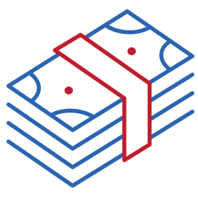 Stack of money bills with red band in blue and red colors.