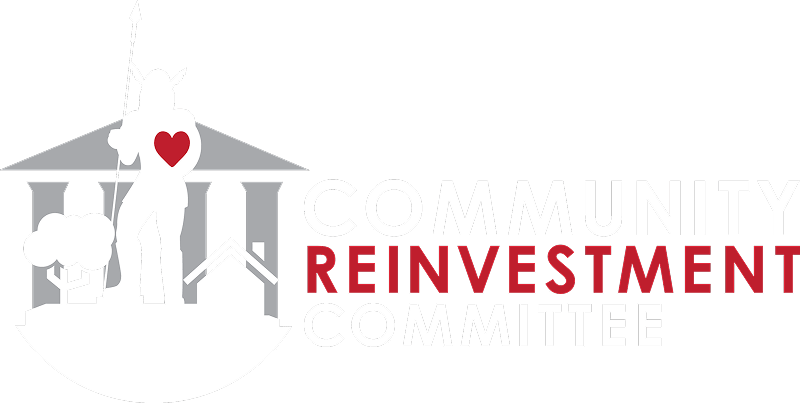 Community reinvestment logo with gray building outline, red heart symbol, and red text.