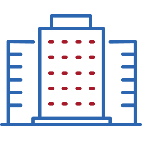 Multi-story office building icon with blue outline and red window elements.