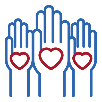 Three blue hands raised upward with red heart symbols in palms.