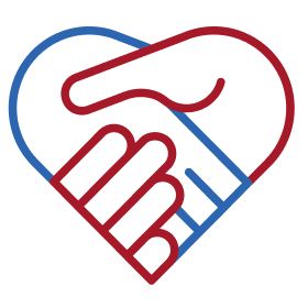 Handshake icon in blue and red colors arranged in heart shape design.
