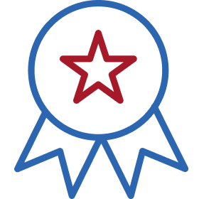 Award ribbon icon with blue circle, red star, and hanging ribbon streamers.