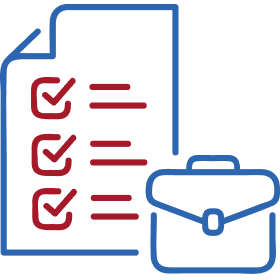Document with red checkmarks next to blue briefcase icon for business task completion.