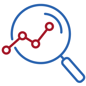 Magnifying glass icon with blue outline containing red upward trending line graph.