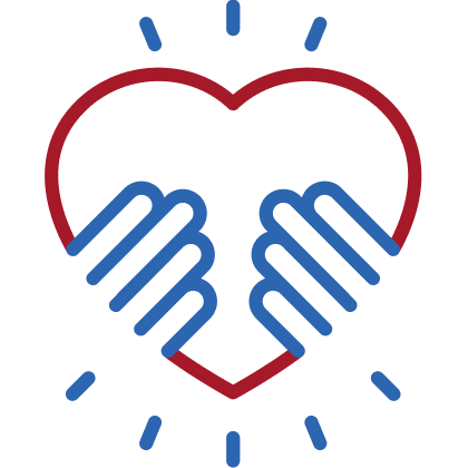 Two blue hands cupping red heart shape with blue radiating lines around it.