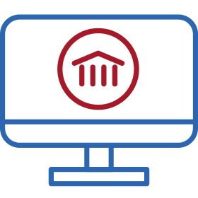 Computer monitor icon with blue outline containing red bank building with columns.