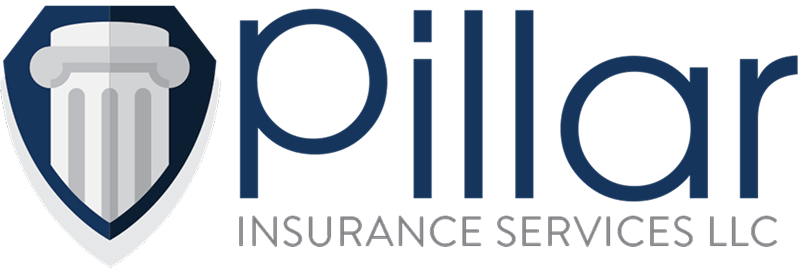 Pillar Insurance Services LLC logo with shield containing classical column in navy and gray.