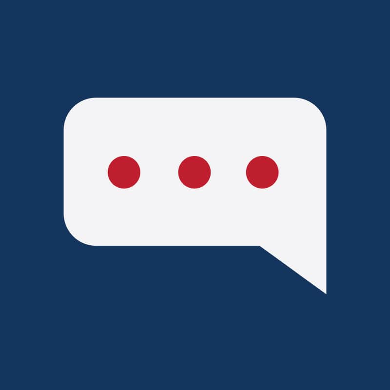 White speech bubble with three red dots on navy blue background representing chat loading or typing indicator.