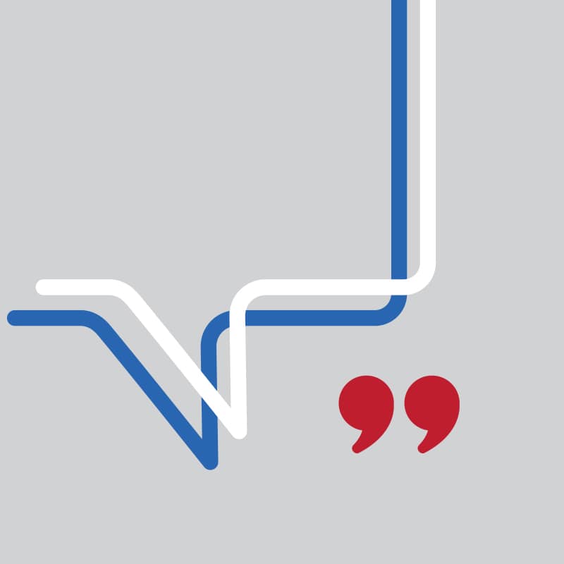 Blue and white curved lines with red quotation marks on gray background creating abstract communication or verification symbol.