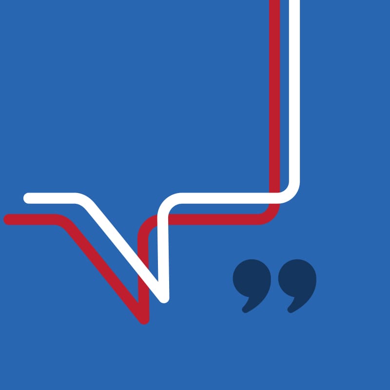 Red, white, and blue curved lines with dark blue quotation marks on blue background creating patriotic-themed communication symbol.