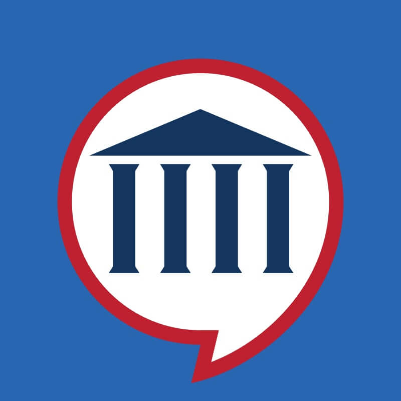 Geneva symbol inside red and white speech bubble on blue background representing communication.
