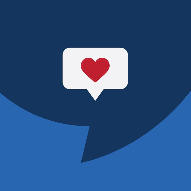 White speech bubble with red heart icon on blue background representing positive review or customer satisfaction feedback.