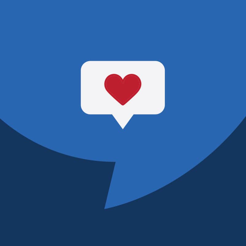 White speech bubble with red heart icon on blue background representing positive review or customer satisfaction feedback.