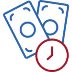 Blue outlined payment cards or bills with red clock icon indicating payment timing or scheduling features.