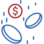 Blue outlined coins with red circle containing dollar sign and dotted lines suggesting movement or financial flow.