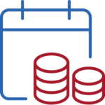 Blue outlined calendar with red coin stacks indicating seasonal payments or scheduled financial transactions.
