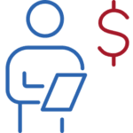 Blue outlined person sitting with laptop and red dollar sign indicating personal finance or online financial management services.