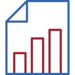 Blue outlined document with red ascending bar chart indicating financial growth or business performance reporting.