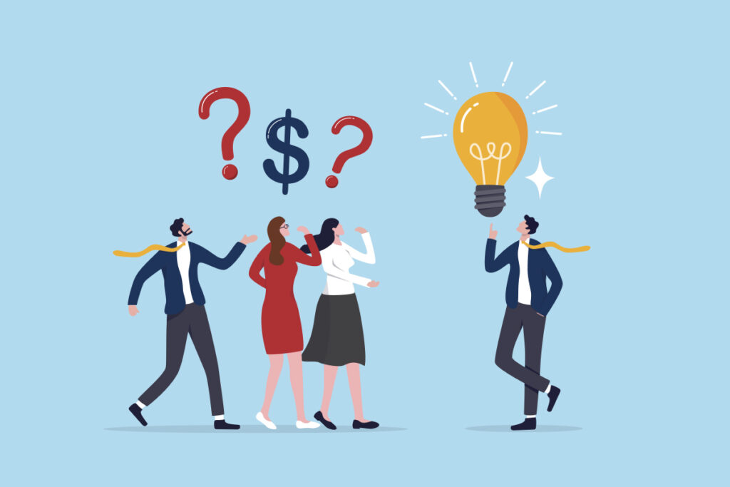Illustration of 3 people with questions regarding financing