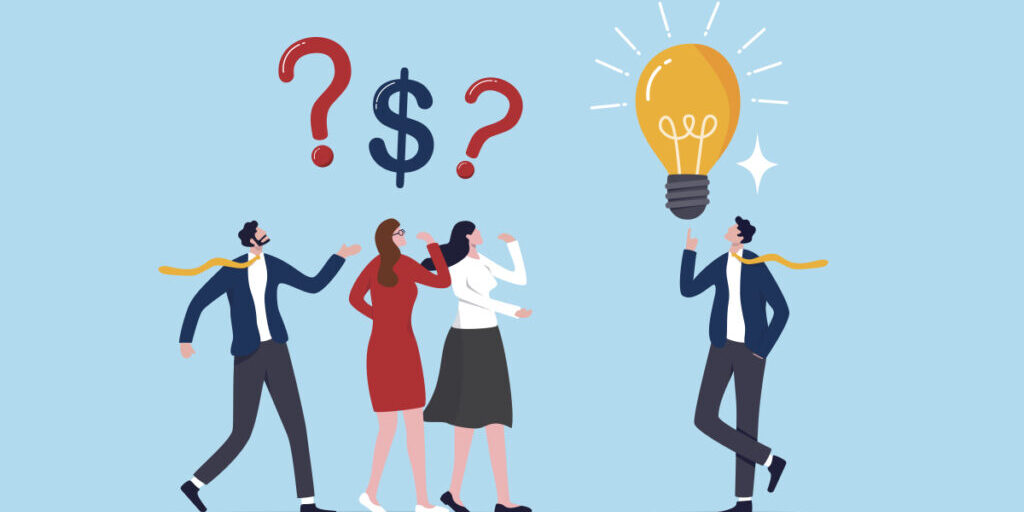 Illustration of 3 people with questions regarding financing
