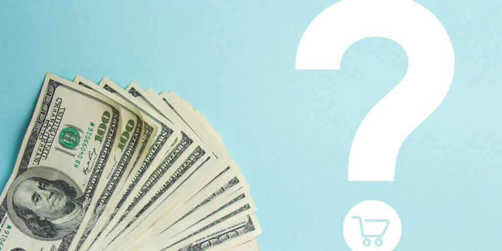Multiple hundred dollar bills spread out next to large white question mark on light blue background.