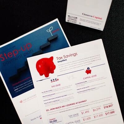 Marketing brochures showing "Step-Up" financing with red piggy bank icon and tax savings comparison charts from Geneva Capital.