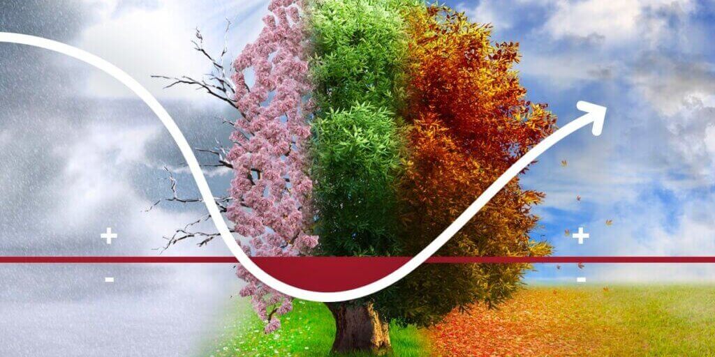 Tree divided into four seasonal sections with white arrow graph showing upward trend for seasonal payment patterns.