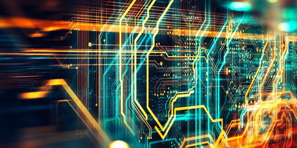 Glowing digital circuit board design with blue and yellow light pathways on dark background for technology leasing.